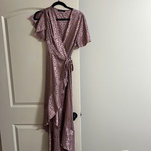 Pink satin wrap dress. Animal print